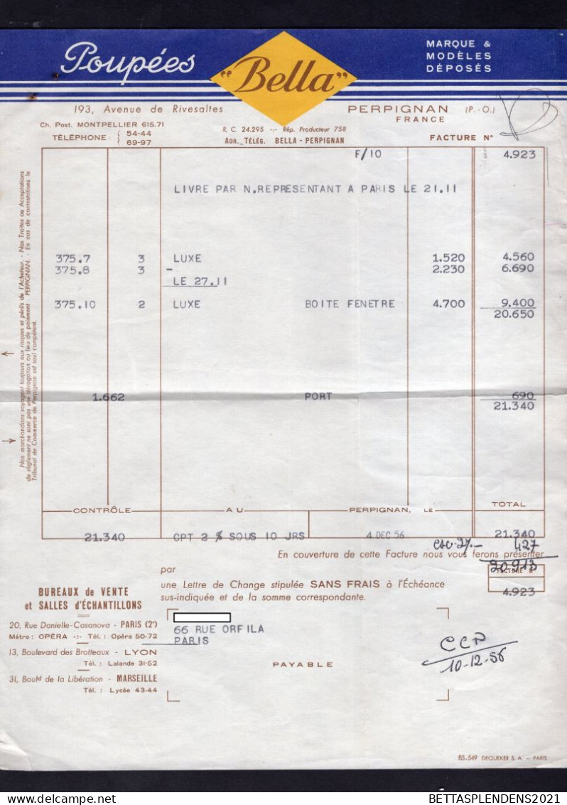 Facture 1956 - Poupées " BELLA " à PERPIGNAN - 1950 - ...