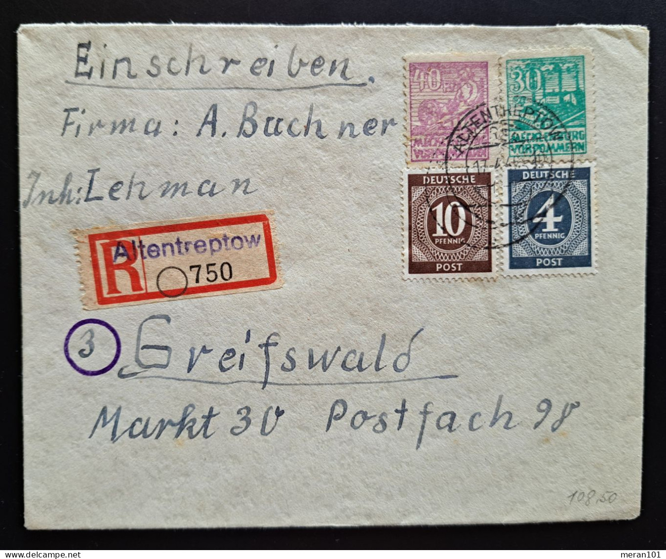 Mecklenburg-Vorpommern 1946, Reko-Brief Altentreptow Nach Greifswald, Mischfrankatur Mi 39-40 - Briefe U. Dokumente