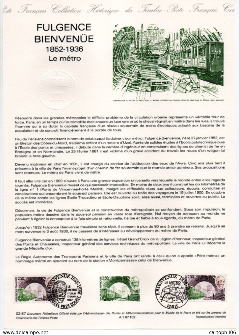 - Document Premier Jour FULGENCE BIENVENÜE (1852-1936) - Le Métro - PARIS 17.1.1987 - - Treinen