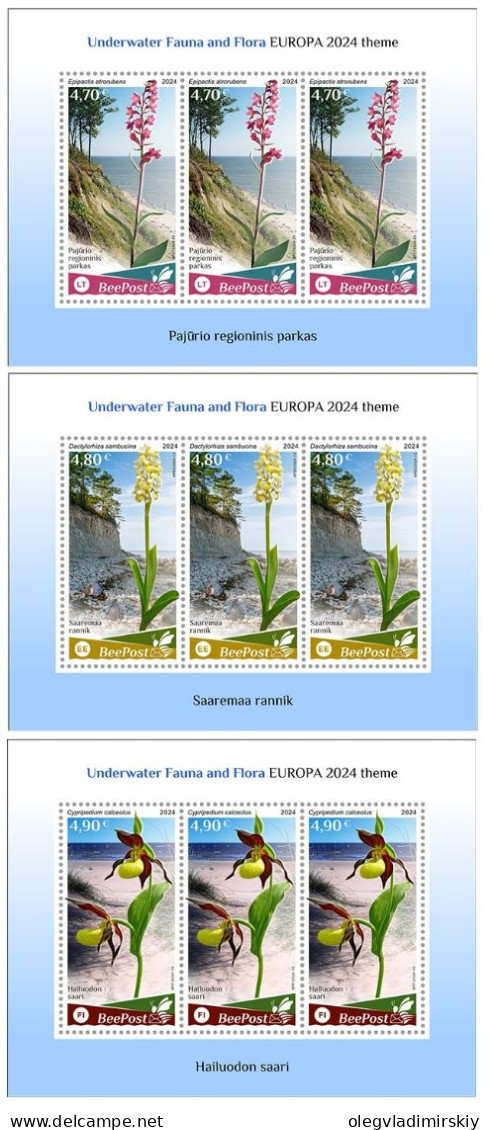 Estonia Finland Lithuania 2024 Water Flora And Fauna Orchids National Parks Europa BeePost Set Of 3 Sheetlets MNH - Orchidées