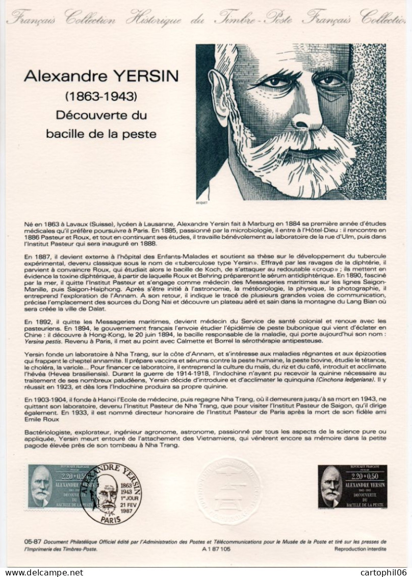 - Document Premier Jour ALEXANDRE YERSIN (1863-1943) - Découverte Du Bacille De La Peste - PARIS 21.2.1987 - - Ziekte