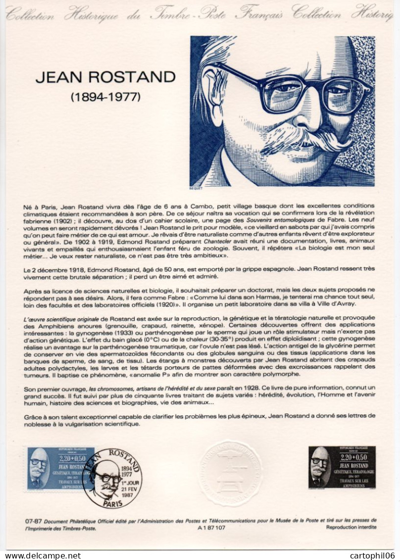 - Document Premier Jour JEAN ROSTAND (1894-1977) - PARIS 21.2.1987 - - Médecine