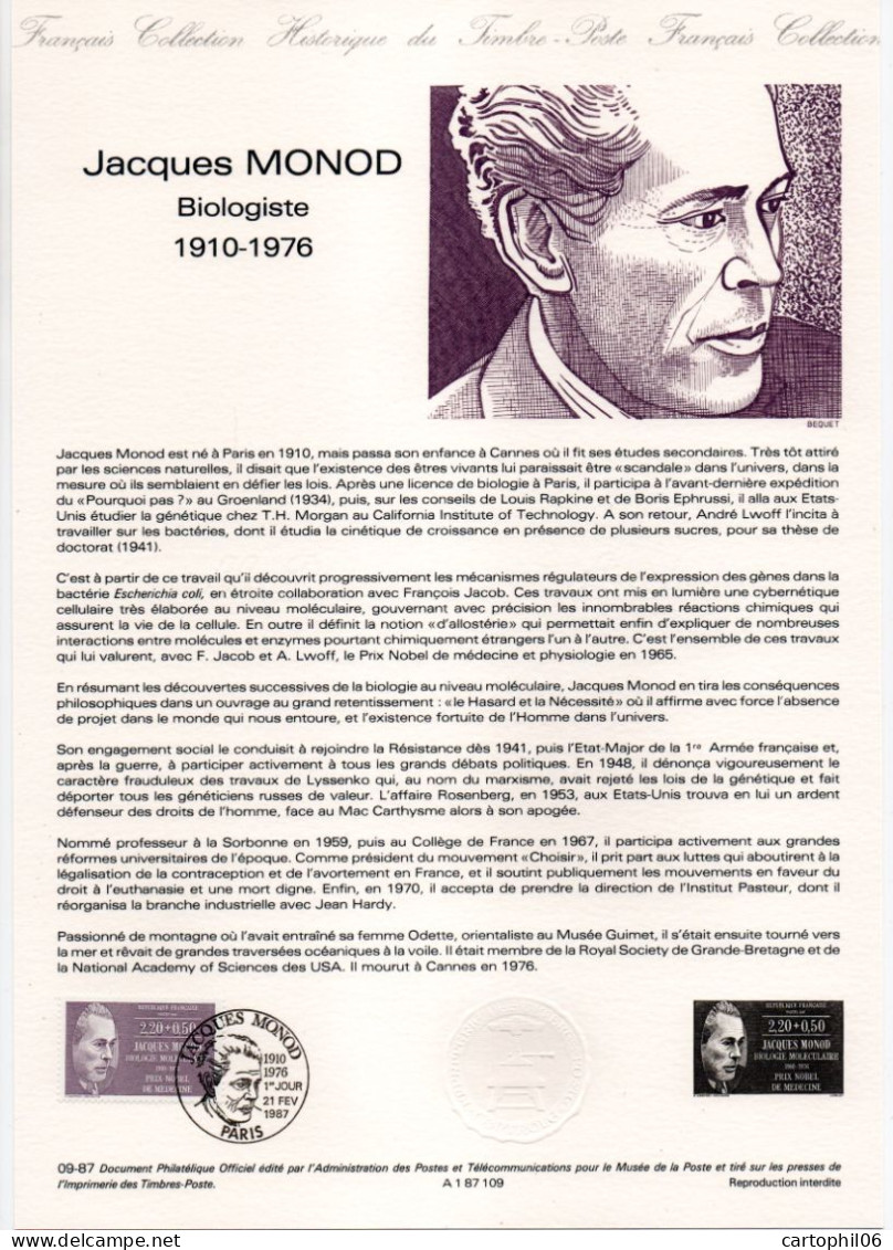 - Document Premier Jour JACQUES MONOD (1910-1976) - Biologiste - PARIS 21.2.1987 - - Geneeskunde