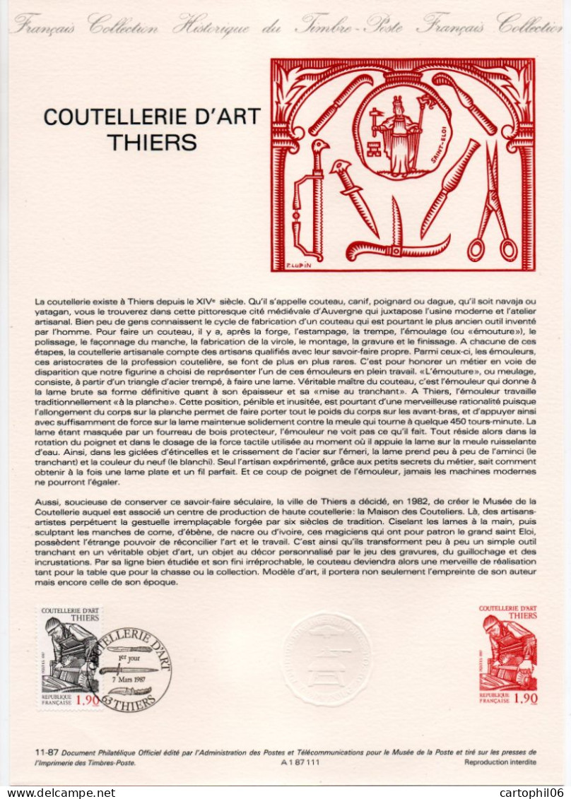 - Document Premier Jour LA COUTELLERIE D'ART - THIERS 7.3.1987 - - Documenti Della Posta