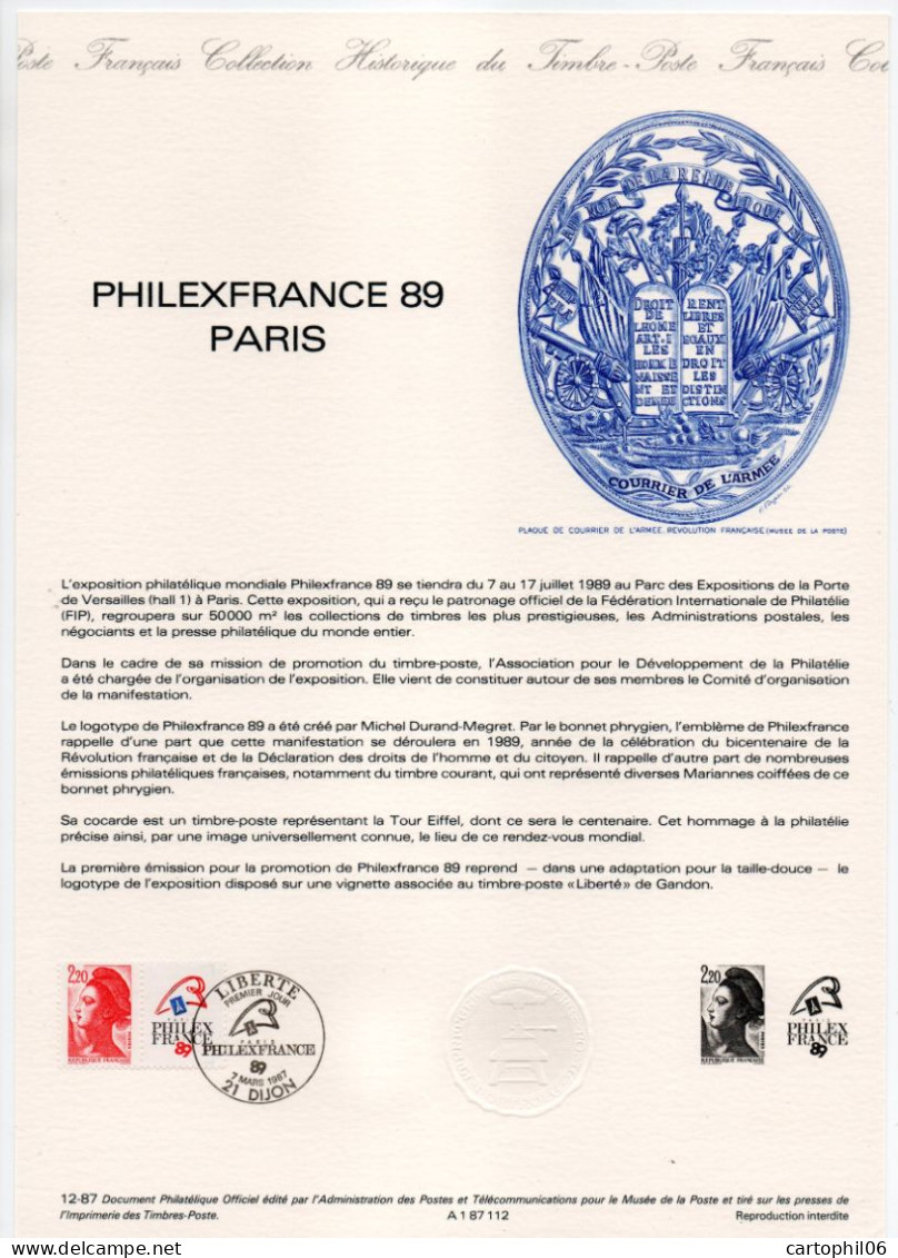 - Document Premier Jour PHILEXFRANCE 89 PARIS - DIJON 7.3.1987 - - Briefmarkenausstellungen