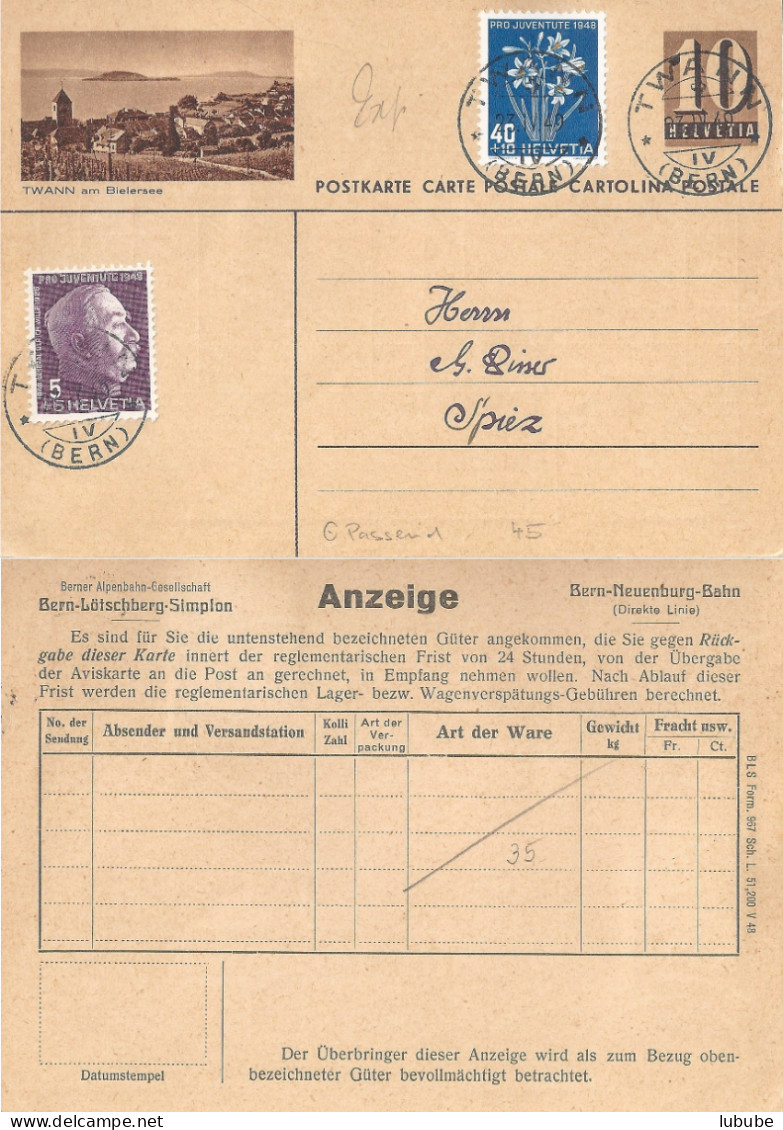 PK 163  "Twann Am Bielersee"  (Vordruck Berner Alpenbahn Gesellschaft)       1949 - Interi Postali