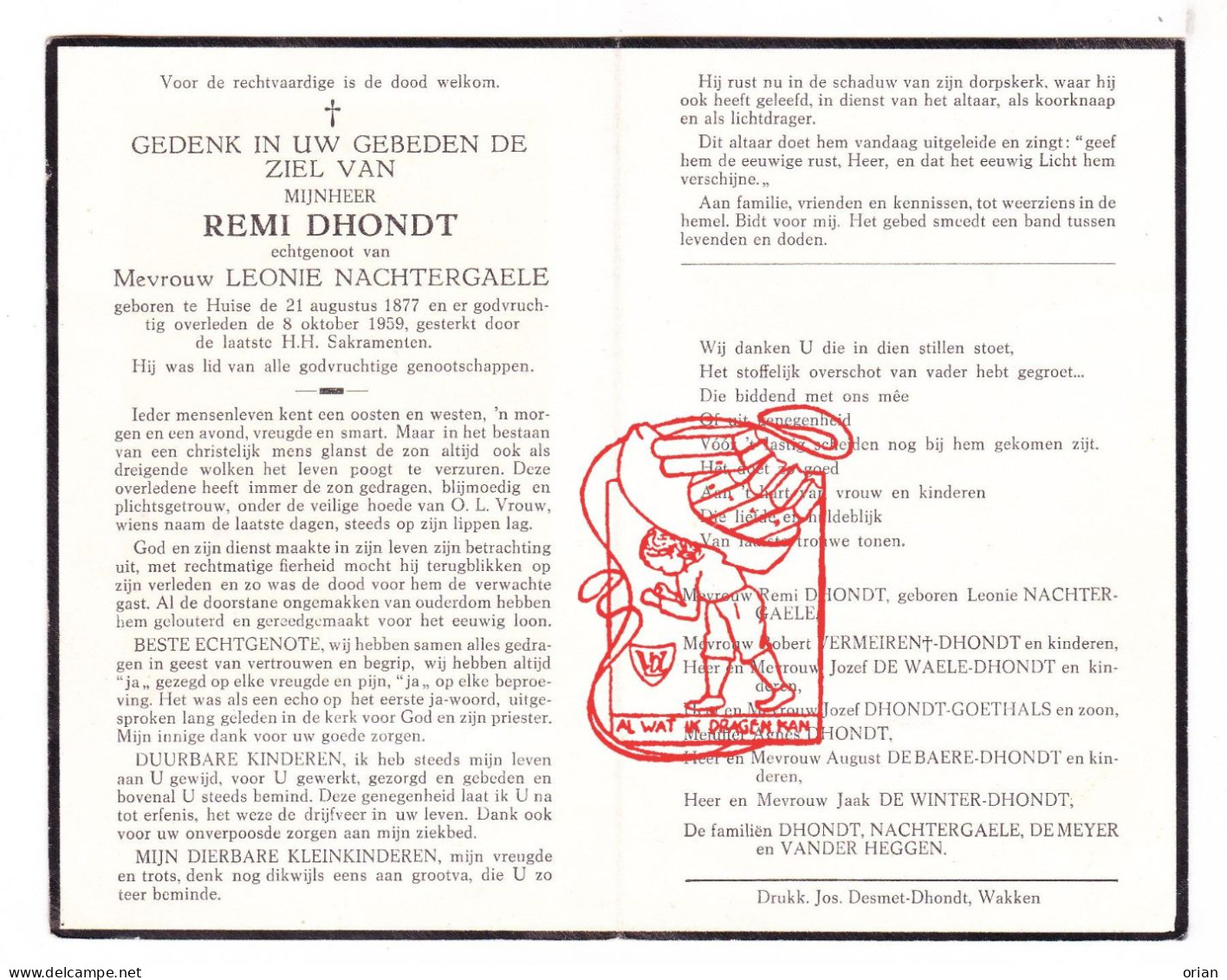 DP Remi Dhondt ° Huise Zingem 1877 † 1959 Nachtergaele Vermeiren De Waele Goethals De Baere Winter Vander Heggen Meyer - Images Religieuses