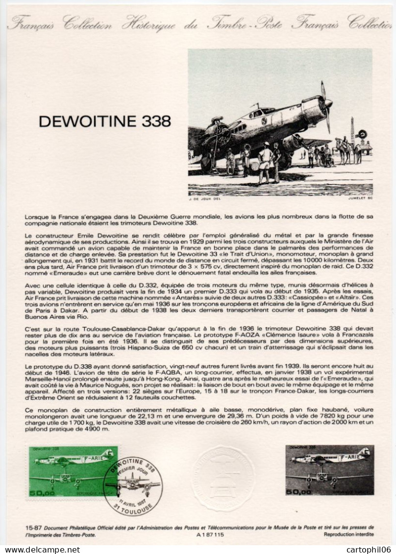 - Document Premier Jour L'Avion DEWOITINE 338 - TOULOUSE 11.4.1987 - - Avions