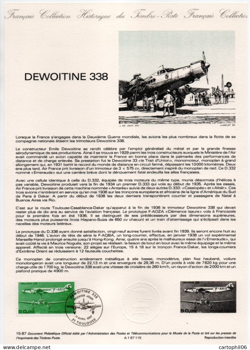 - Document Premier Jour L'Avion DEWOITINE 338 - TOULOUSE 11.4.1987 - - Airplanes