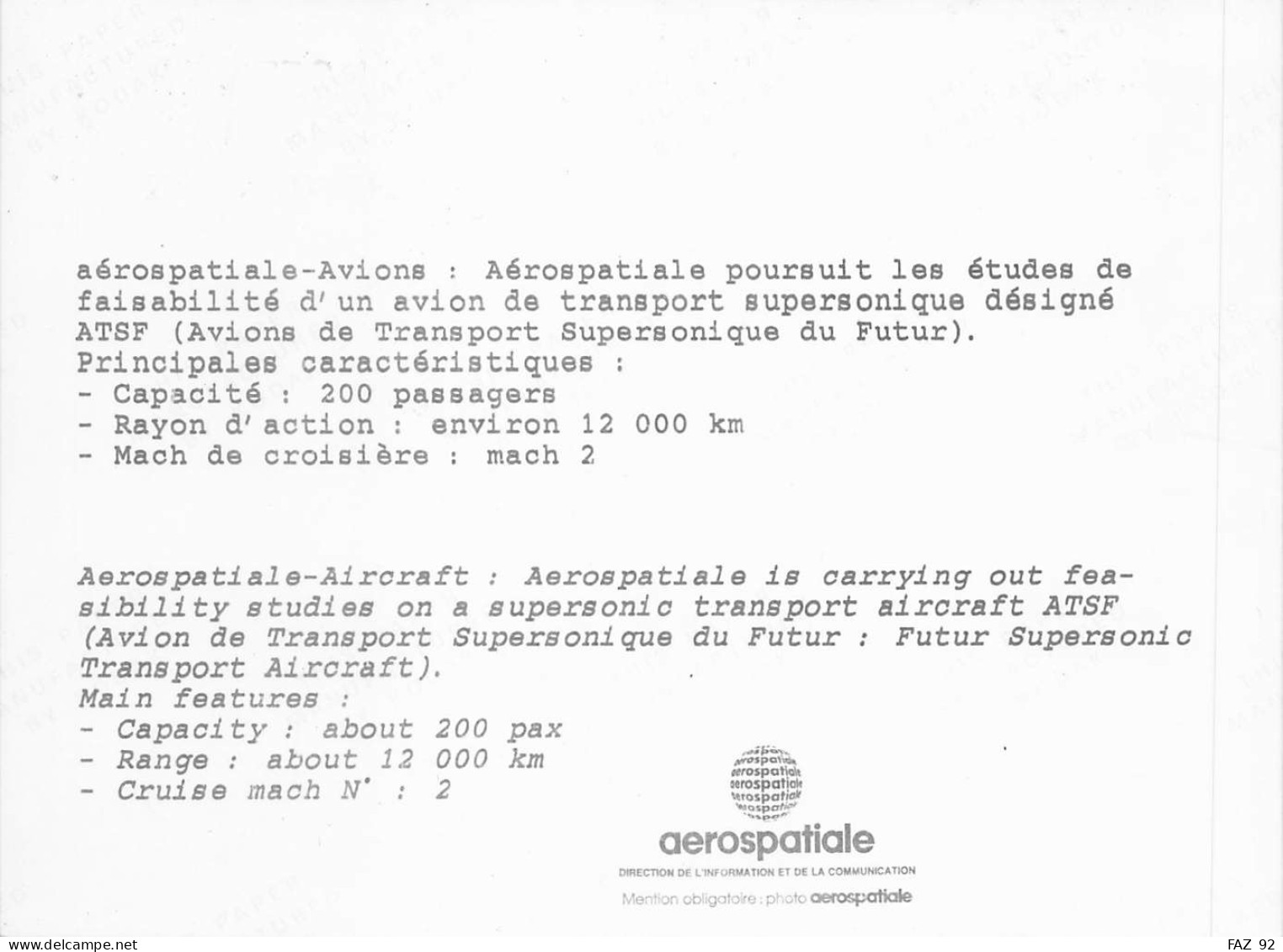 Aerospatiale - Etude ATSF - +/- 180 X 130 Mm. - Photo Presse Originale - Aviación