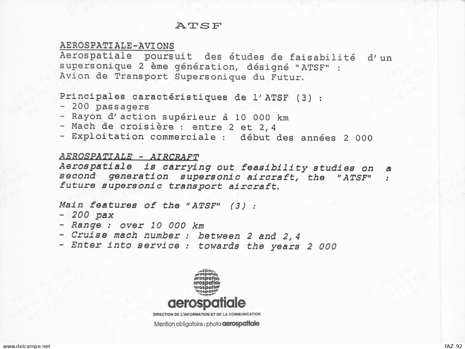 Aerospatiale - Etude ATSF - +/- 180 X 130 Mm. - Photo Presse Originale - Aviazione