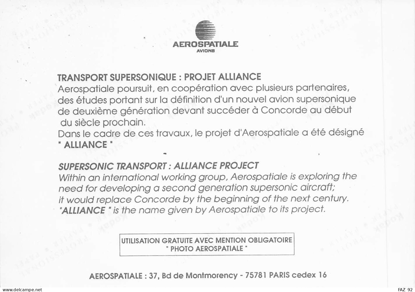 Aerospatiale - Transport Supersonique - Projet Alliance - +/- 180 X 130 Mm. - Photo Presse Originale - Luchtvaart