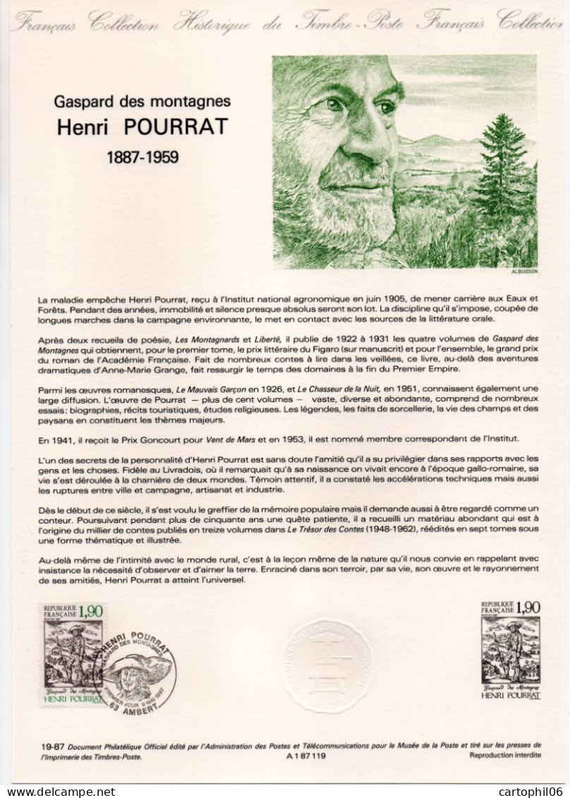 - Document Premier Jour HENRI POURRAT (1887-1959) - Gaspard Des Montagnes - AMBERT 9.5.1987 - - Schrijvers