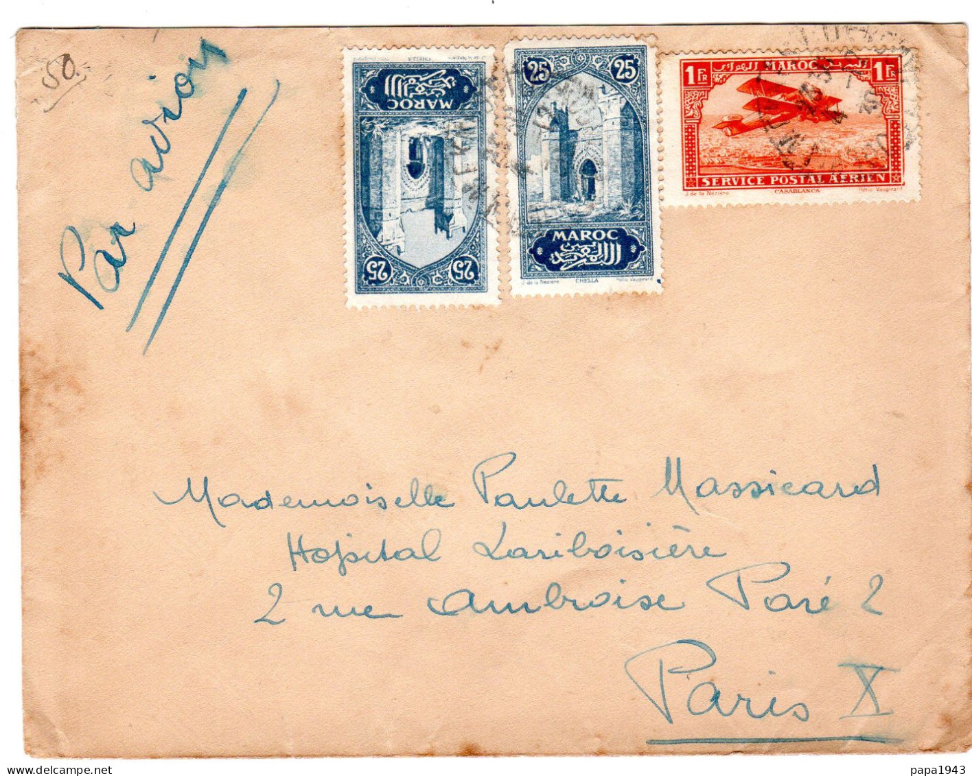 MAROC  Timbres " POSTE AERIENNE 1F + 2 X 0,25  Envoyée à PARIS - Airmail