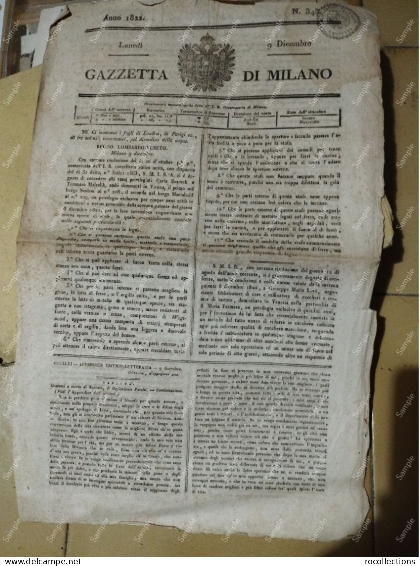 Newspaper GAZZETTA DI MILANO 1822. Prussia Germany Foreign Jewish Doctors Are Allowed To Practice Their Profession - Before 1900
