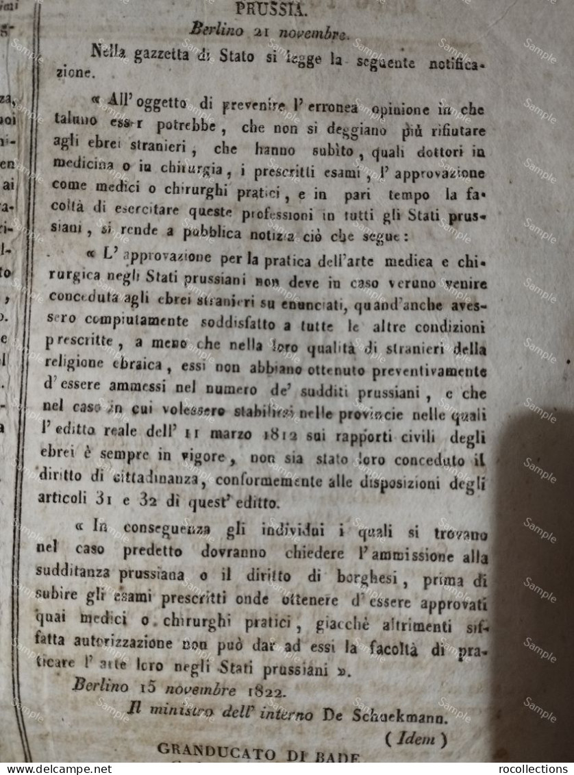 Newspaper GAZZETTA DI MILANO 1822. Prussia Germany Foreign Jewish Doctors Are Allowed To Practice Their Profession - Antes 1900