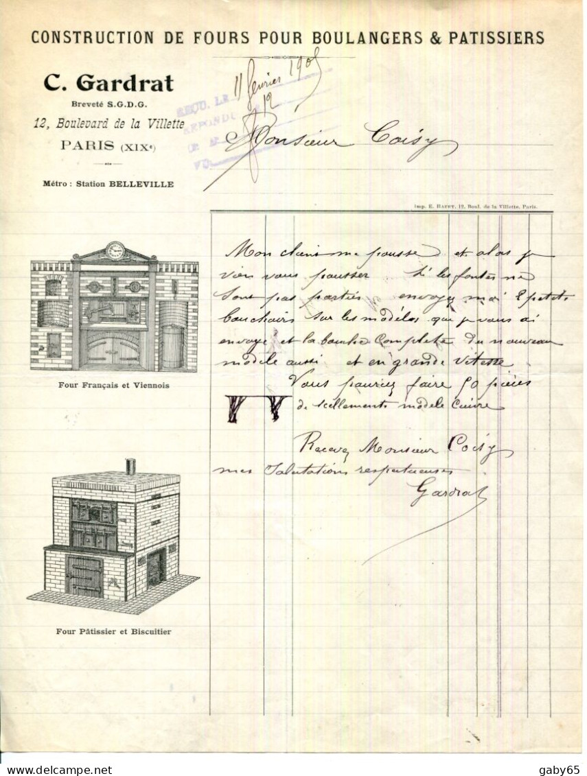 FACTURE.PARIS.CONSTRUCTION DE FOURS POUR BOULANGERS & PATISSIERS.C.GARDRAT 12 BOULEVARD DE LA VILLETTE. - Andere & Zonder Classificatie