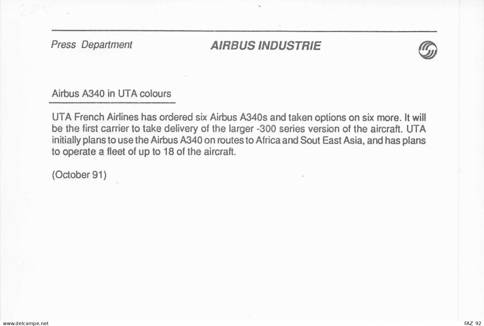 Airbus A340 In UTA Colours - +/- 180 X 130 Mm. - Photo Presse Originale - Aviazione