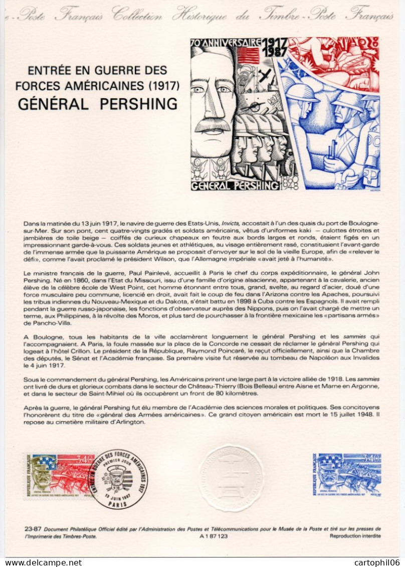 - Document Premier Jour L'ENTRÉE EN GUERRE DES FORCES AMÉRICAINES (1917) - GÉNÉRAL PERSHING - PARIS 13.6.1987 - - WO1