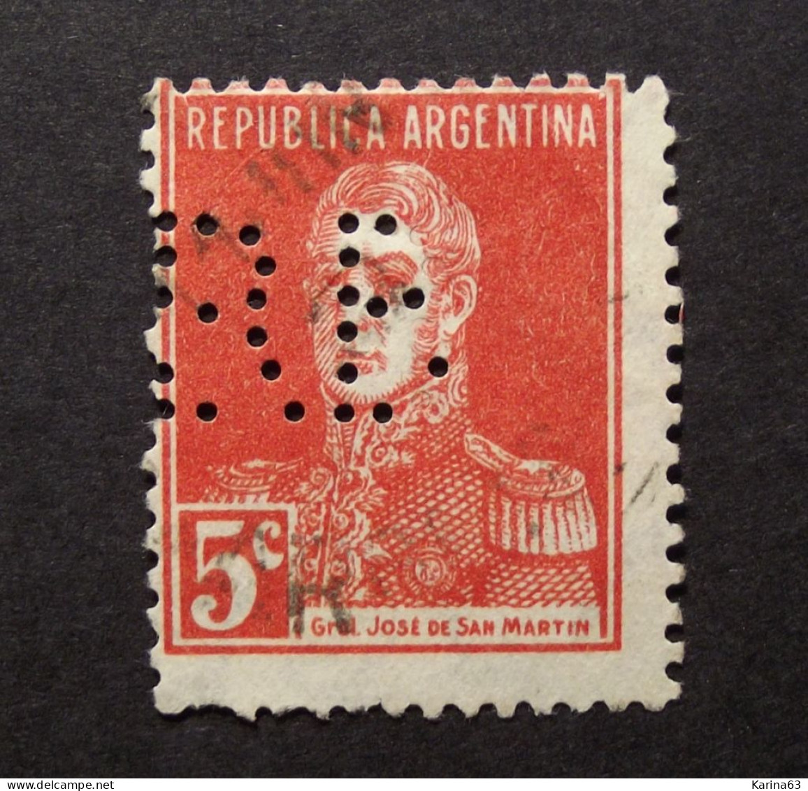 Argentinia  - Perfin - Perforé - Perforado - R B -  Argentina YT No 281 José Francisco De San Martín - Cancelled - Usados