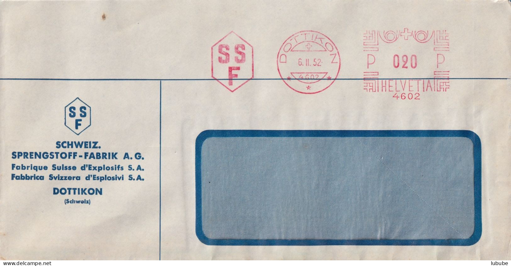 Motiv Brief  "Schweiz.Sprengstoff Fabrik SSF, Dottikon"       1952 - Storia Postale