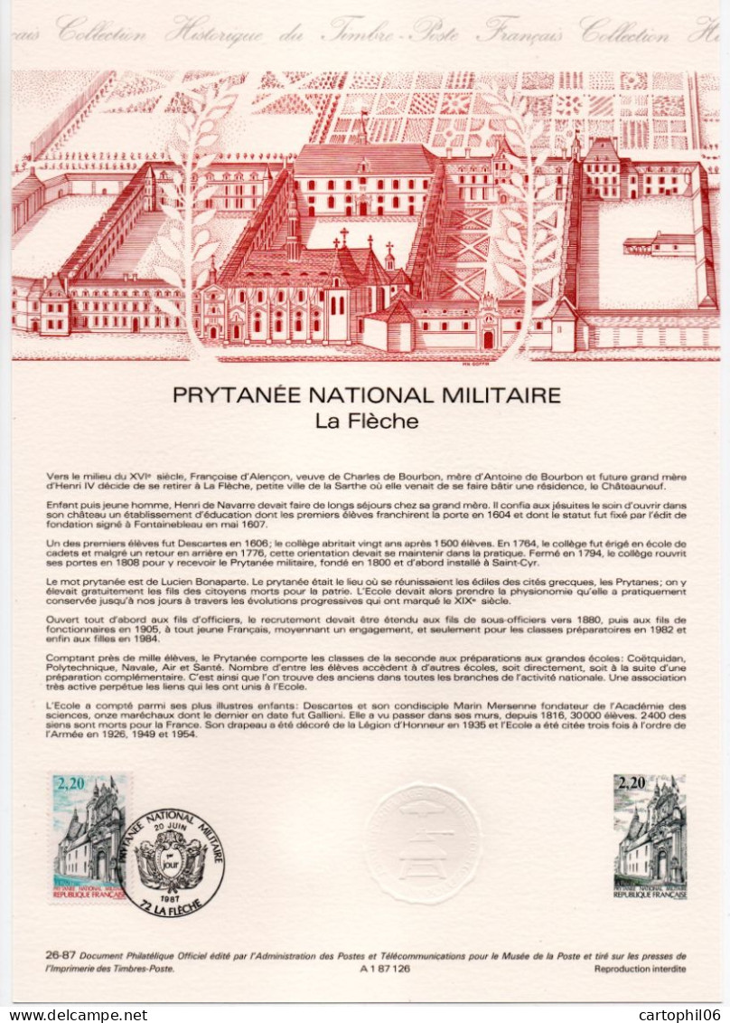 - Document Premier Jour LE PRYTANÉE NATIONAL MILITAIRE - LA FLÈCHE 20.6.1987 - - Documents De La Poste