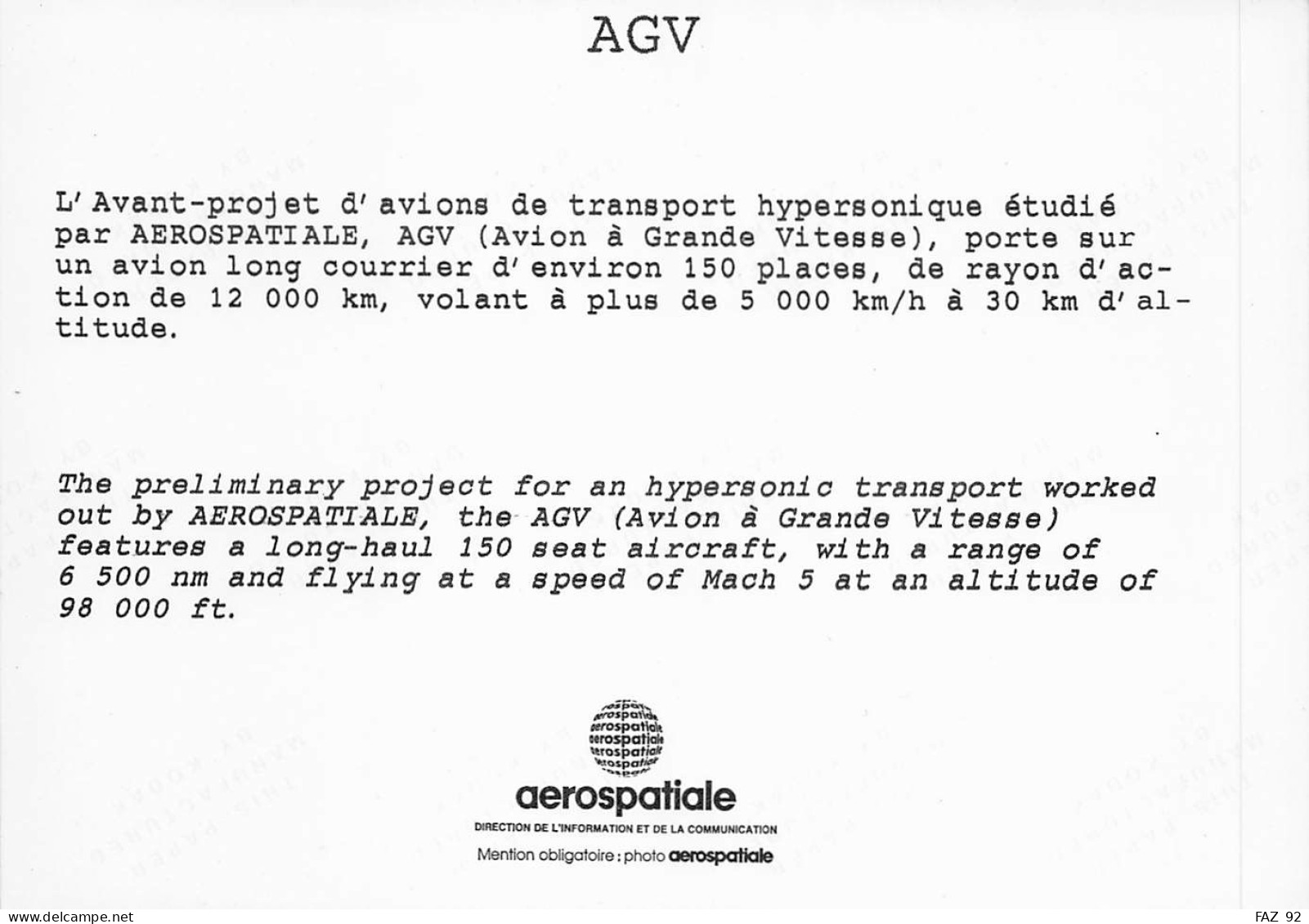 Aerospatiale - Avant-Projet AGV - +/- 180 X 130 Mm. - Photo Presse Originale - Aviation