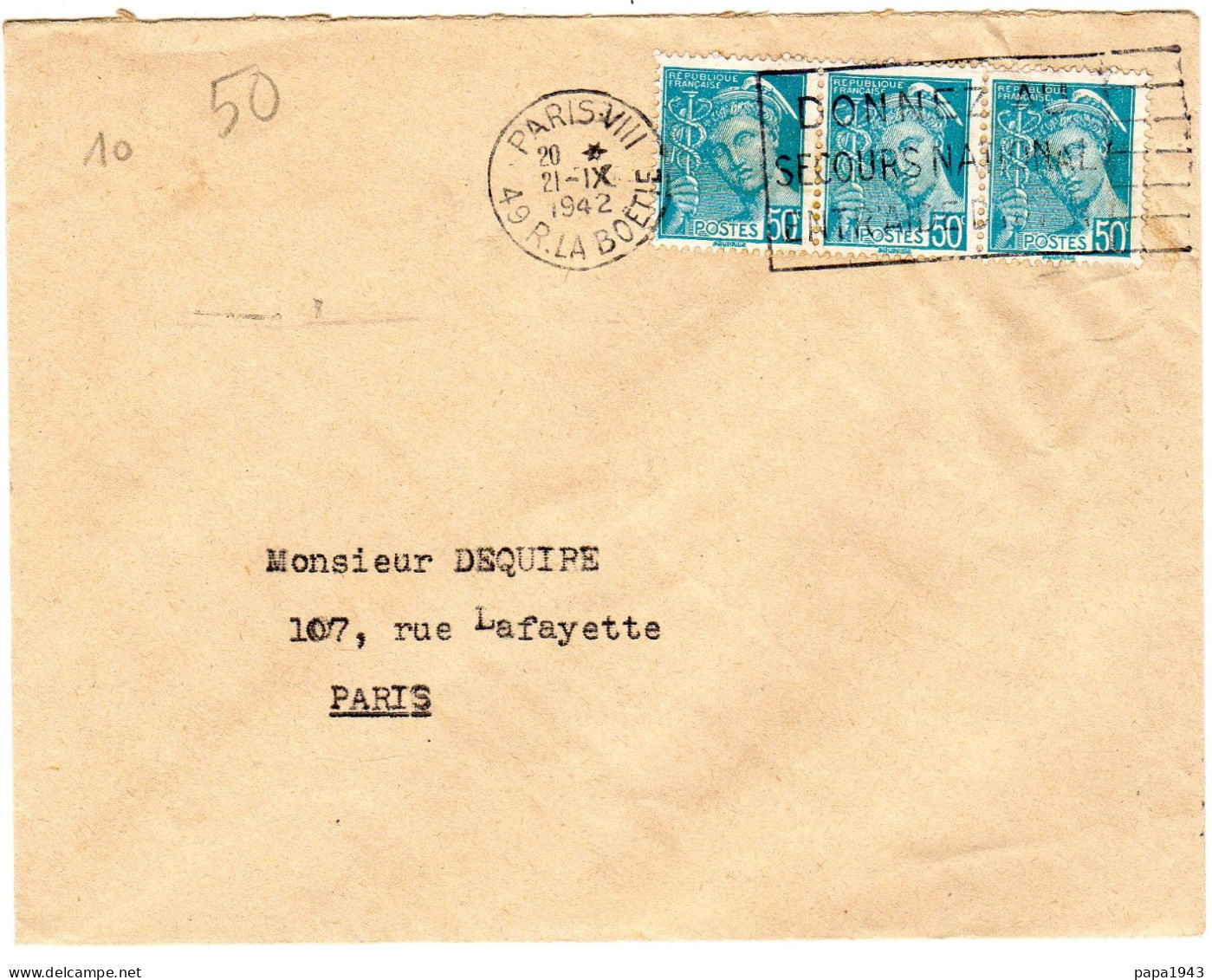 1942  CAD PARIS VIII  49 Rue De La Boetie  Timbres Mercure 3 X 50c Bleu - Lettres & Documents