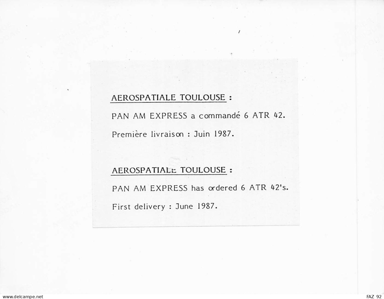 ATR 42 - Pan Am Express - +/- 180 X 130 Mm. - Photo Presse Originale - Aviación