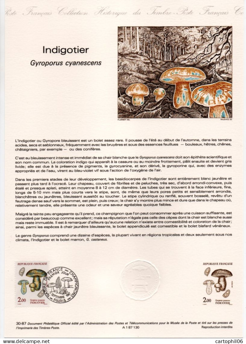 - Document Premier Jour LES CHAMPIGNONS : Indigotier - PARIS 5.9.1987 - - Paddestoelen