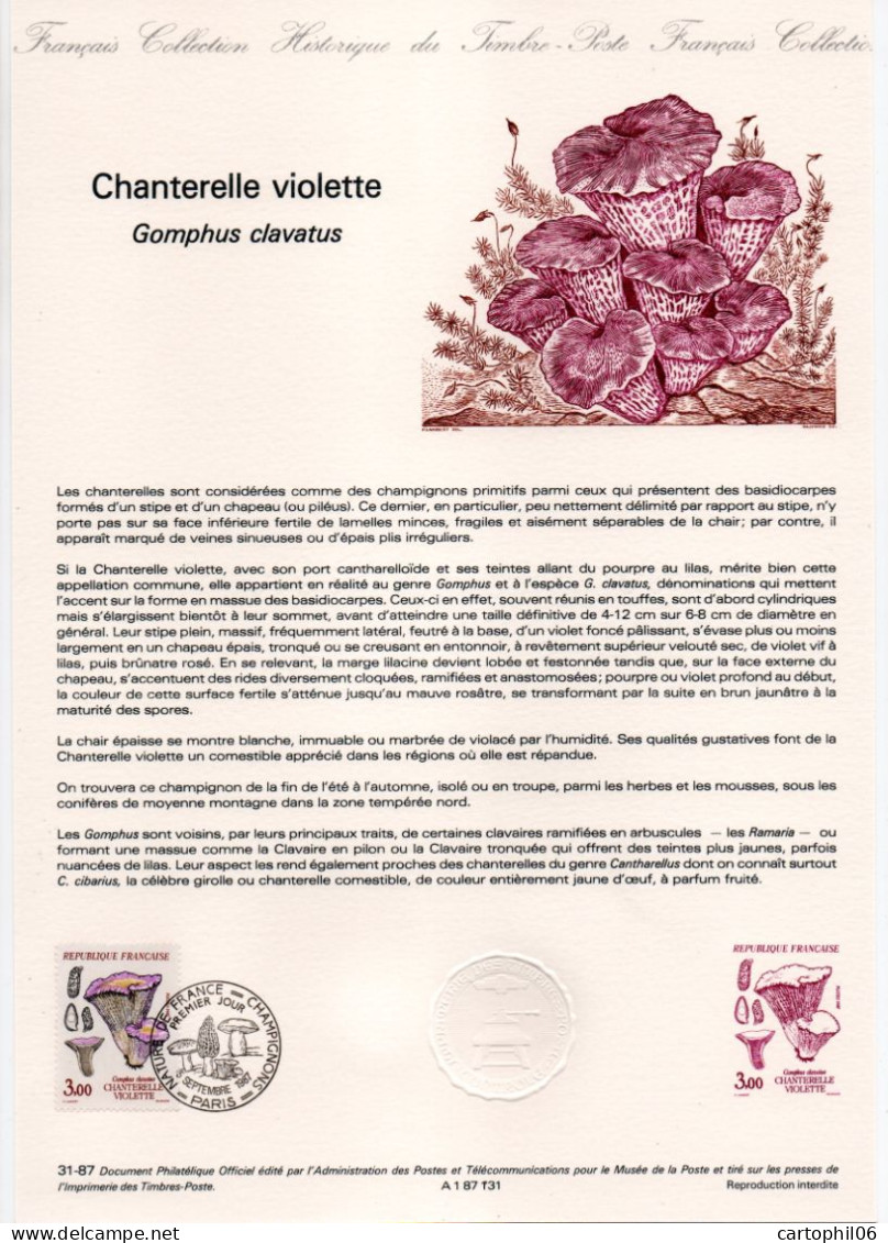 - Document Premier Jour LES CHAMPIGNONS : Chanterelle Violette - PARIS 5.9.1987 - - Mushrooms