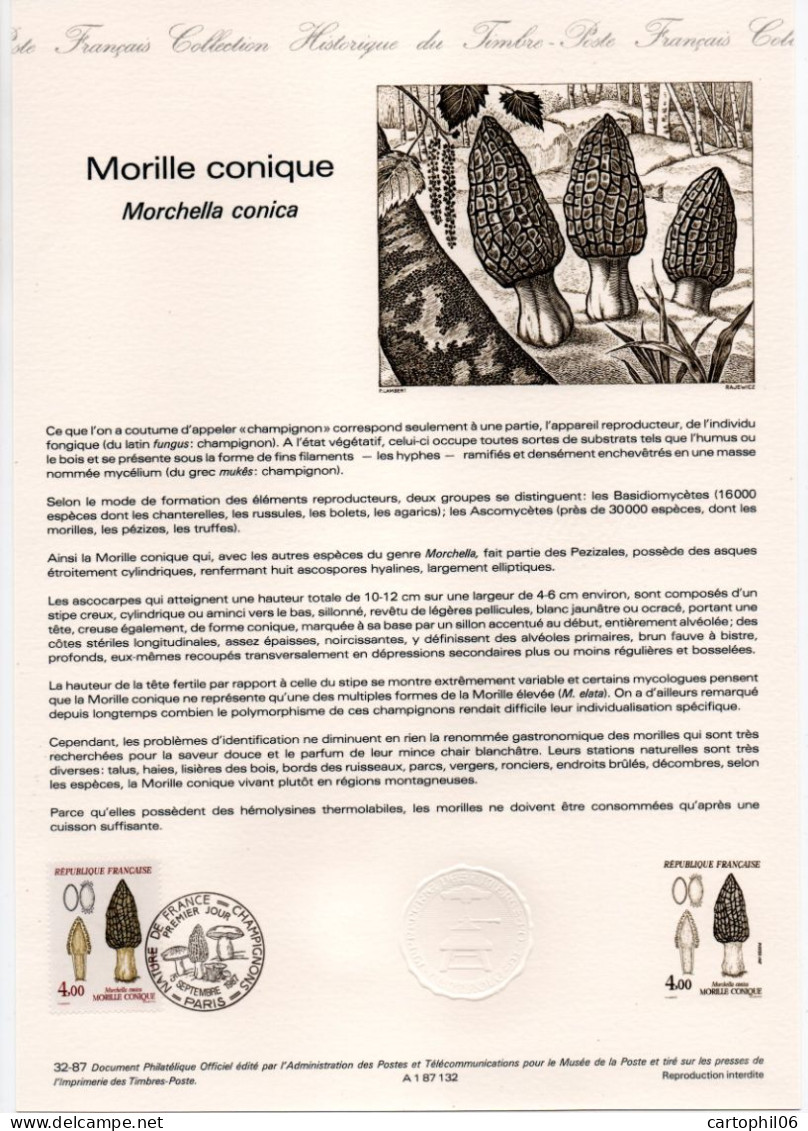 - Document Premier Jour LES CHAMPIGNONS : Morille Conique - PARIS 5.9.1987 - - Mushrooms