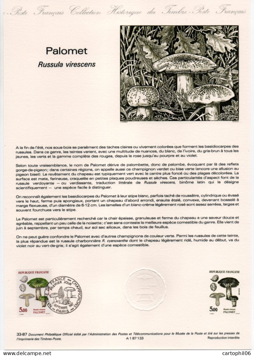 - Document Premier Jour LES CHAMPIGNONS : Palomet - PARIS 5.9.1987 - - Pilze