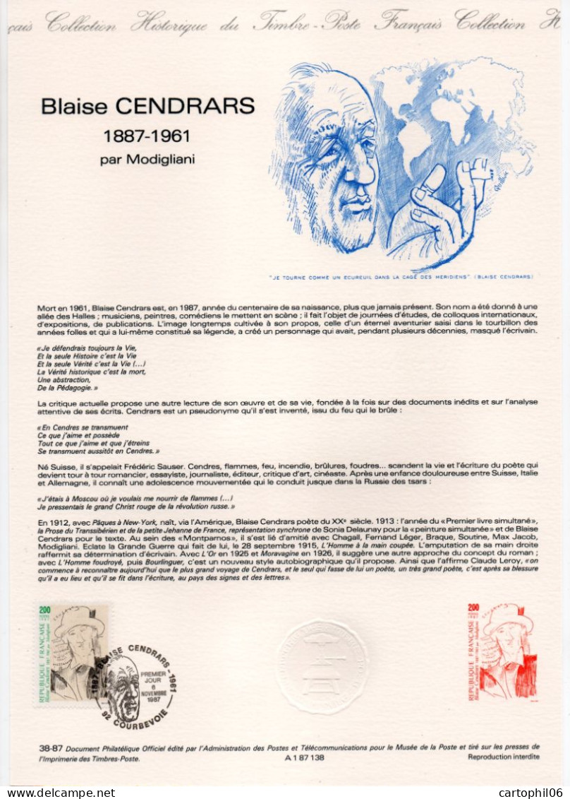 - Document Premier Jour BLAISE CENDRARS (1887-1961) Par Modigliani - COURBEVOIE 6.11.1987 - - Writers