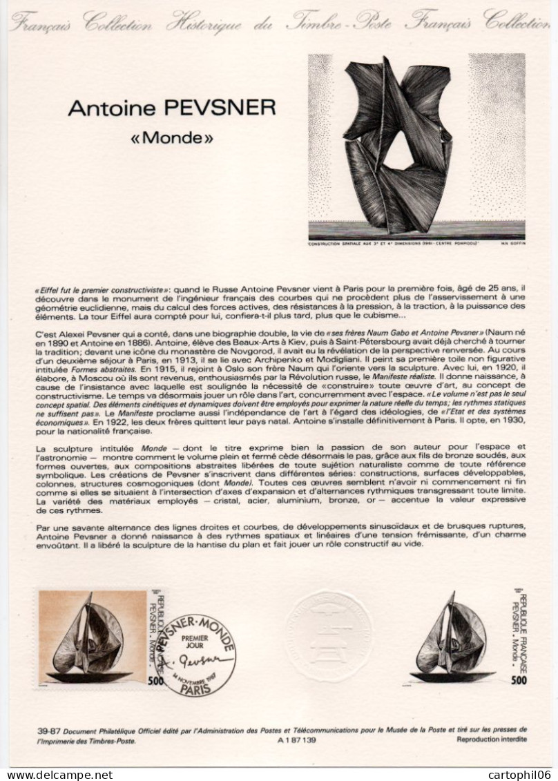 - Document Premier Jour ANTOINE PEVSNER : Monde - PARIS 14.11.1987 - - Scultura