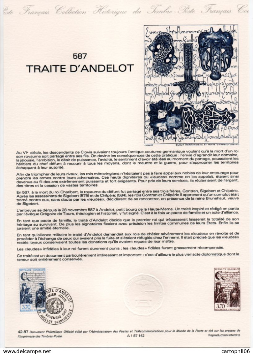 - Document Premier Jour LE TRAITÉ D'ANDELOT 587-1987 - - Documenten Van De Post