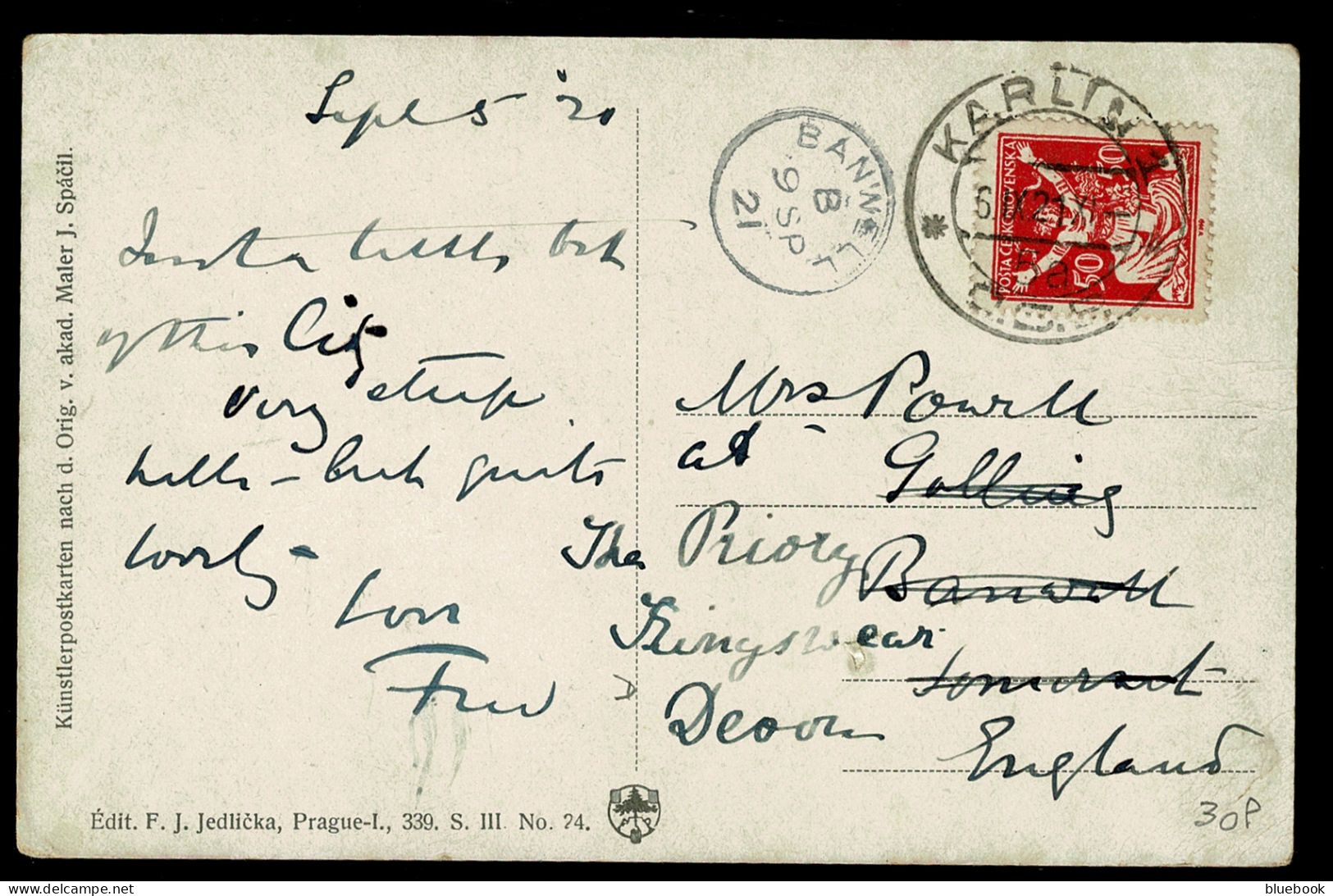 Ref 1644 - 1921 Prag Praha Postcard - Karlin To Barnwell Somerset - Czechoslovakia Czech - Brieven En Documenten