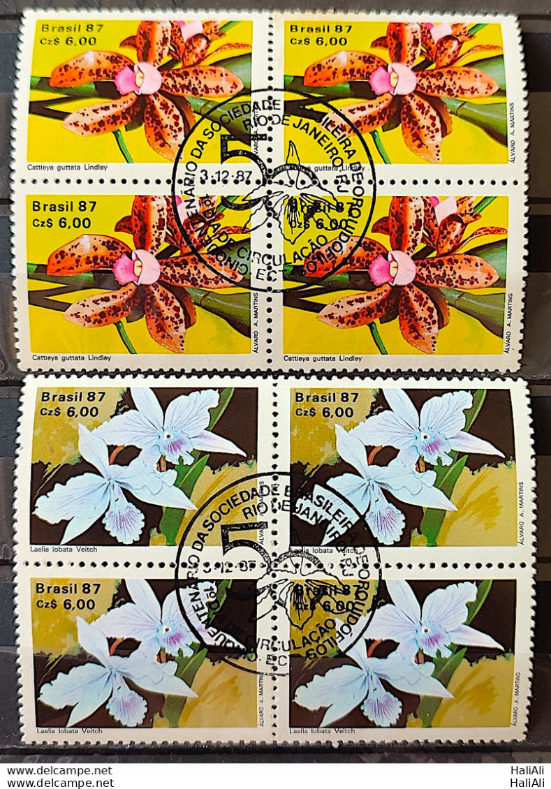 C 1572 Brazil Stamp 50 Years Brazilian Society For Orquidaphic Flora Orquidea 1987 Block Of 4 CBC RJ Complete Series - Neufs