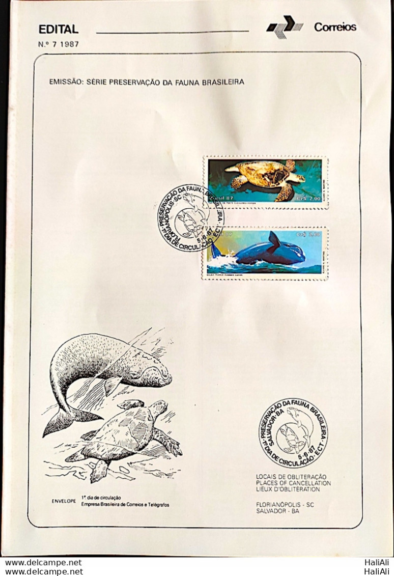 Brochure Brazil Edital 1987 07 Fauna Turtle Whale With Stamp CBC SC Florian贸polis - Covers & Documents