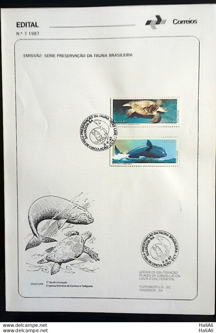 Brochure Brazil Edital 1987 07 Fauna Turtle Whale With Stamp CBC BA Salvador - Covers & Documents