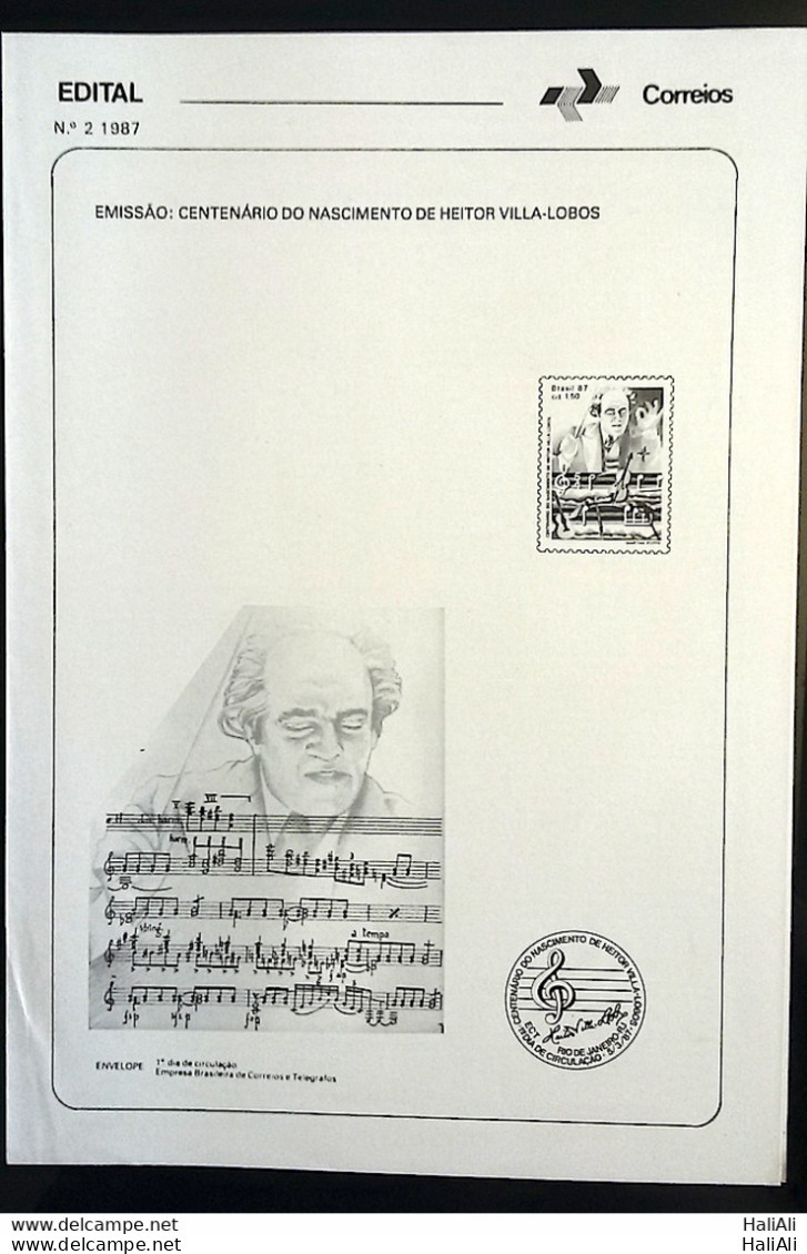 Brochure Brazil Edital 1987 02 Heitor Villa Lobos Music Without Stamp - Storia Postale
