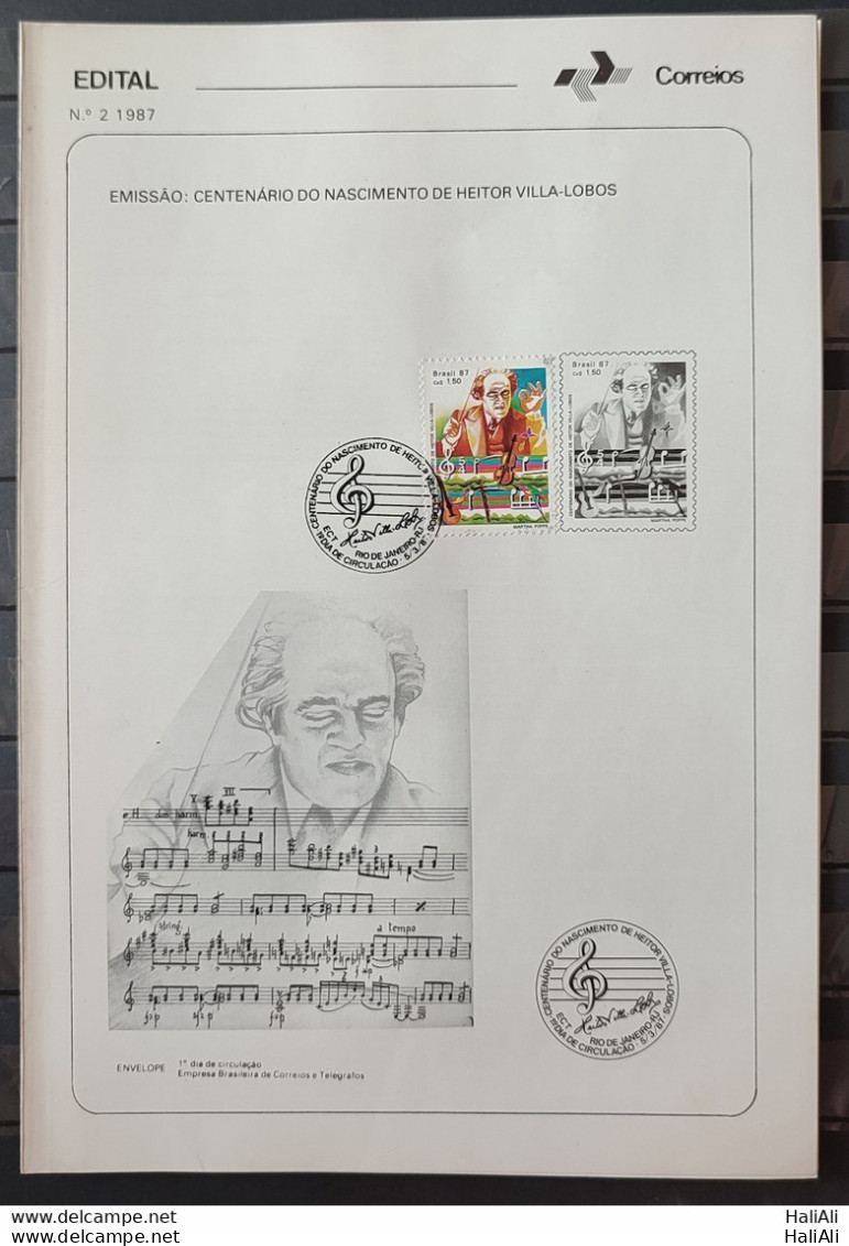 Brochure Brazil Edital 1987 02 Heitor Villa Lobos Music With Stamp CBC RJ - Brieven En Documenten