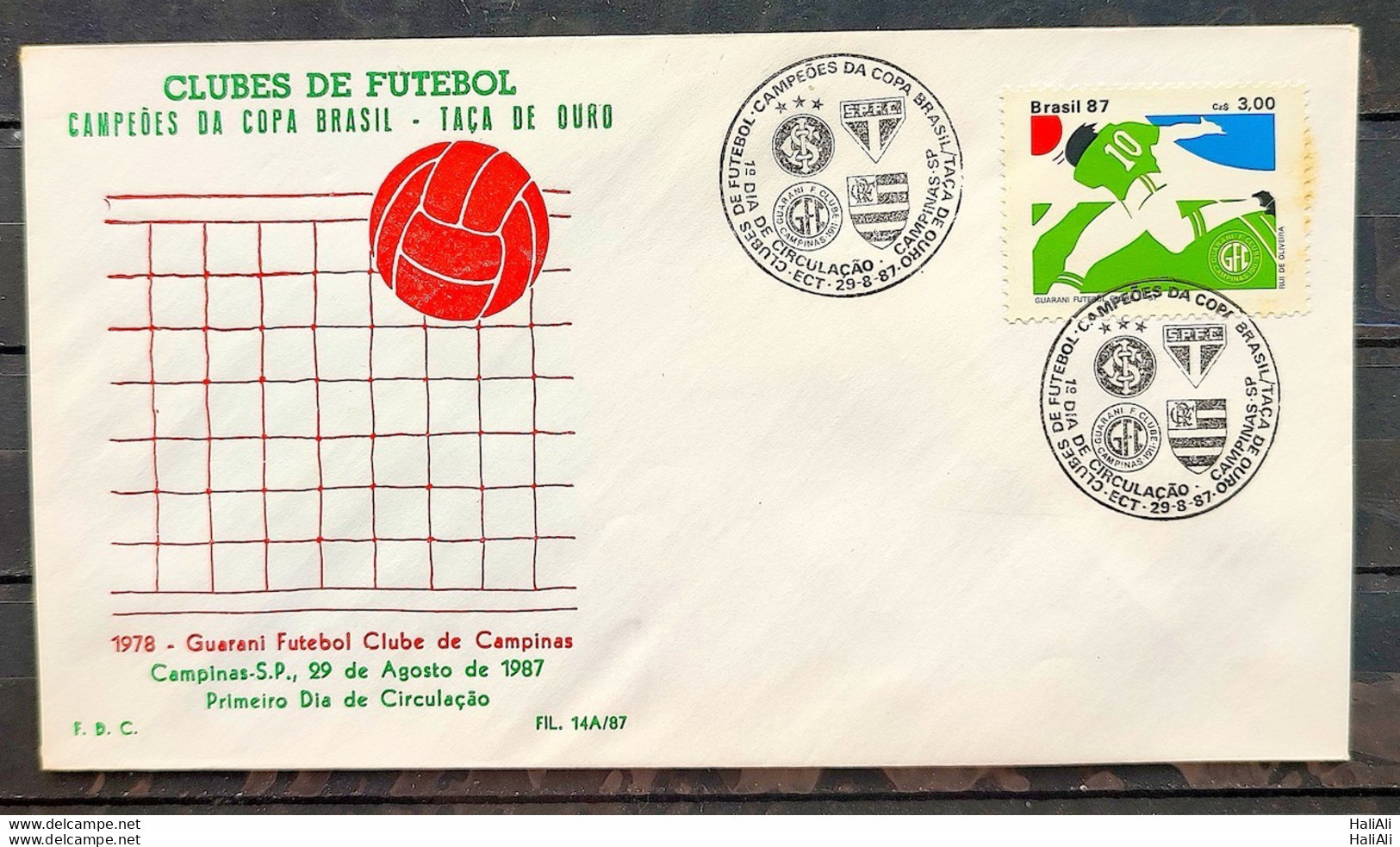 Brazil Envelope PVT FIL 14A 1987 Football Guarani CBC Campinas - FDC