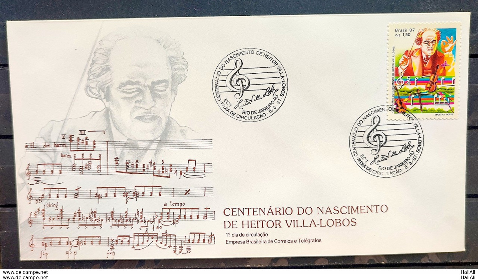 Brazil Envelope FDC 416 1987 Villa Lobos Music CBC RJ 2 - FDC