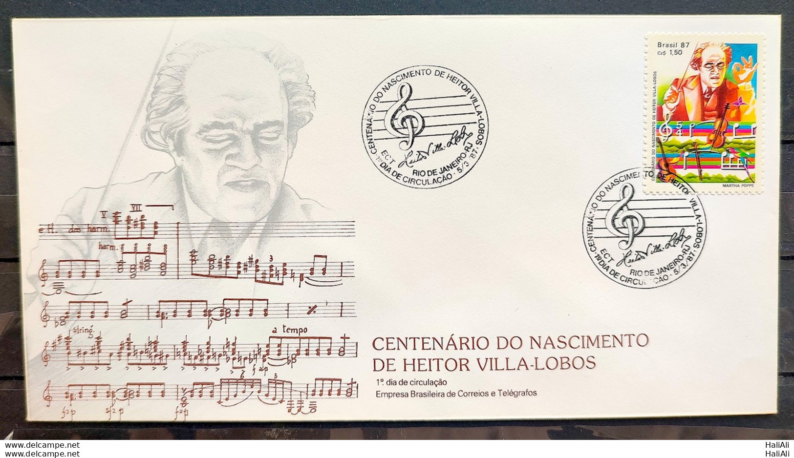 Brazil Envelope FDC 416 1987 Villa Lobos Music CBC RJ 1 - FDC