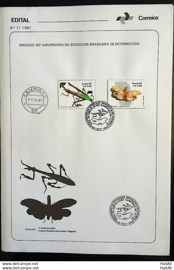 Brochure Brazil Edital 1987 11 Entomology With Stamp Overlaid CBC And CPD SP Campinas - Storia Postale