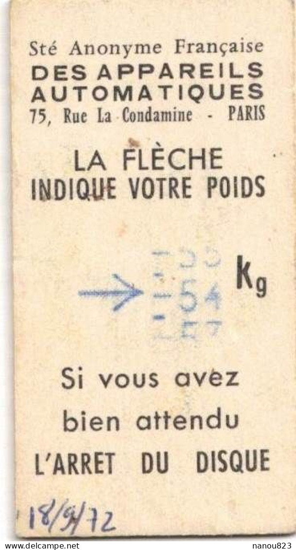 TICKET PUBLICITE DE PESAGE APPAREILS AUTOMATIQUES MUSEE AUTOMOBILE LE MANS LOURDES TRANSPORTS VOITURE TYPE ALMA SIX - Auto's