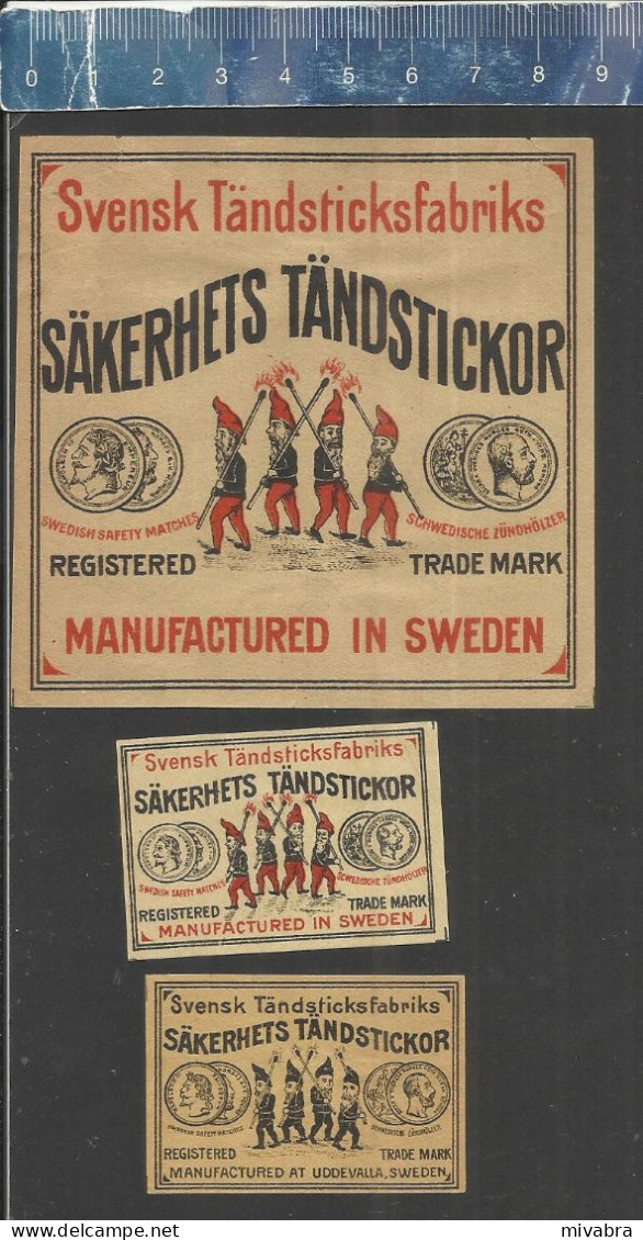 SVENSK TÄNDSTICKSFABRIK ( 4 GNOMES WITH A MATCH - DWARFS KABOUTERS DWERGEN) - OLD VINTAGE MATCHBOX LABELS MADE IN SWEDEN - Luciferdozen - Etiketten