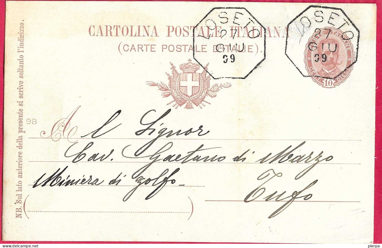 ANNULLO OTTAGONALE COLLETTORIA " LOSETO*27.GIU.99*" SU INTERO CARTOLINA POSTALE UMBERTO PER TUFO - Marcofilie