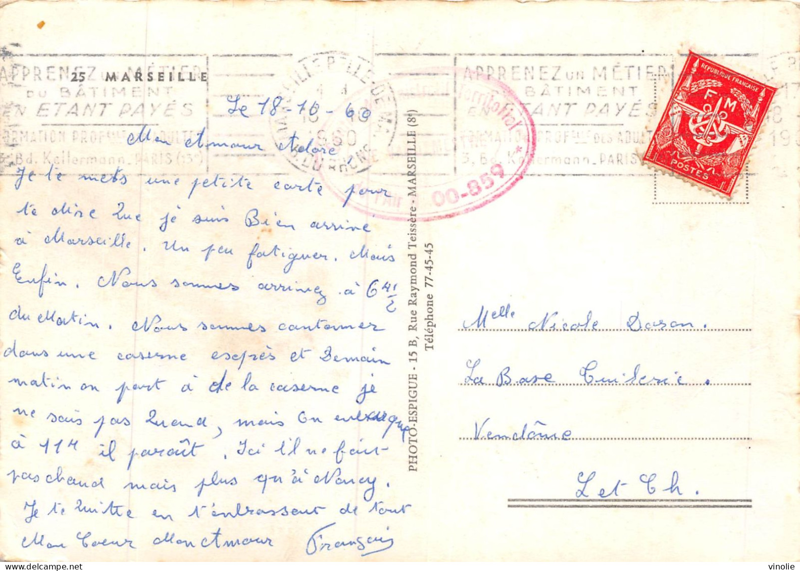 MO-24-396 :  CARTE POSTALE AVEC TIMBRE FRANCHISE MILITAIRE  1960 - Militaire Zegels